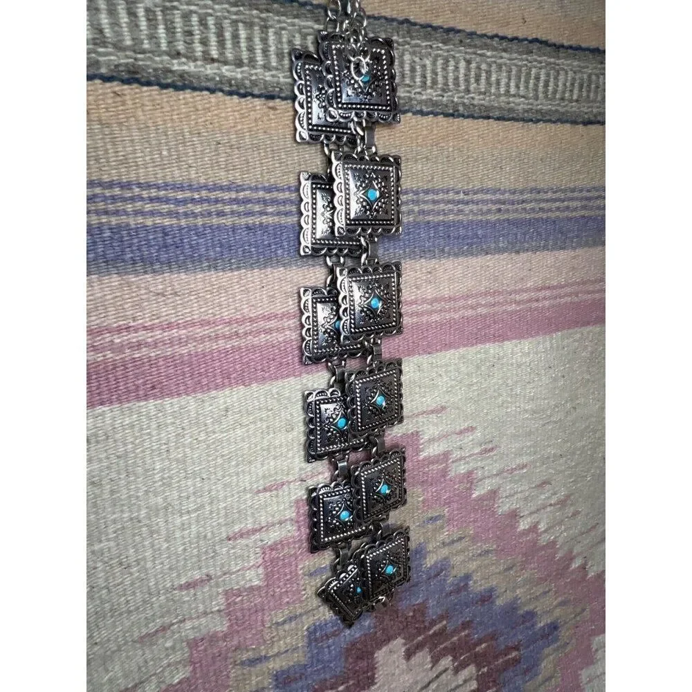 Concho Southwest Silver Unisex Chain belt adjustable to 52” Faux Turquoise new - Picture 6 of 10